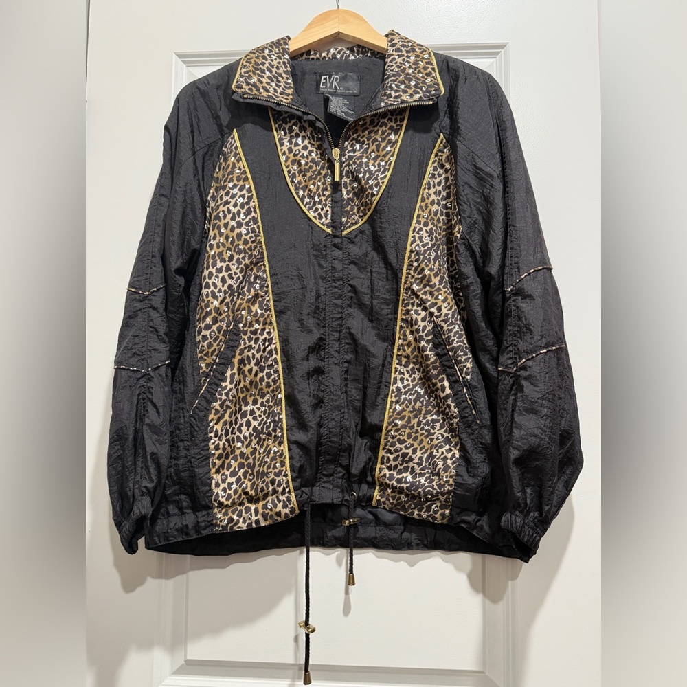Vintage Women’s Leopard Print‎ Black Windbreaker Jacket Medium Grannycore